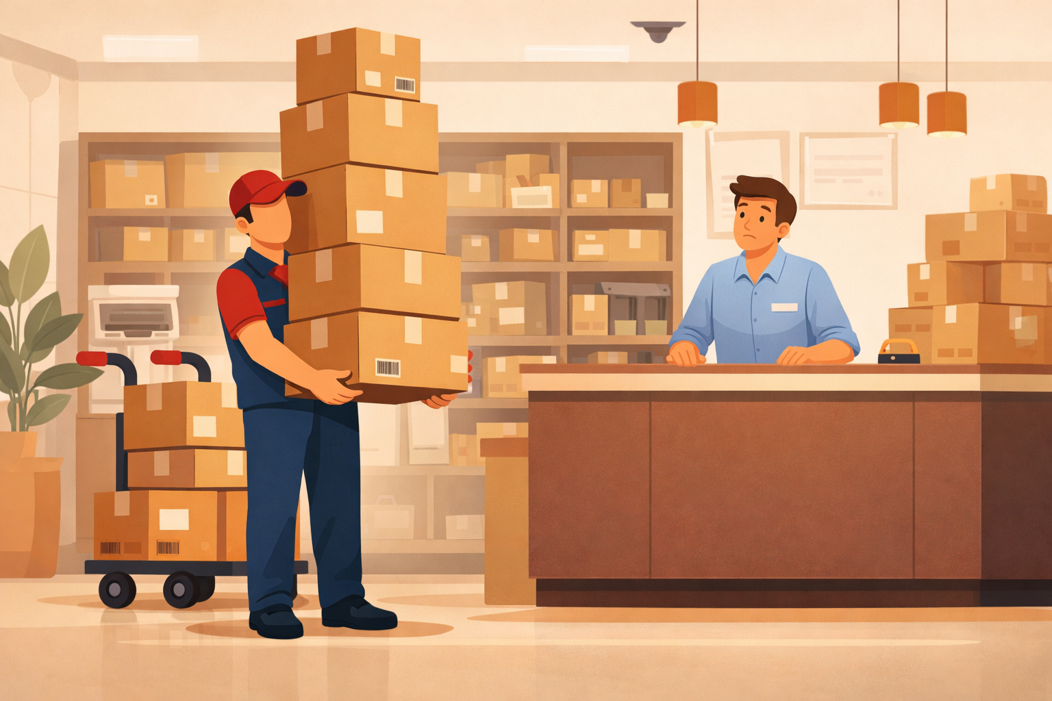 Delivery courier dropping off a large stack of packages at a mailroom counter