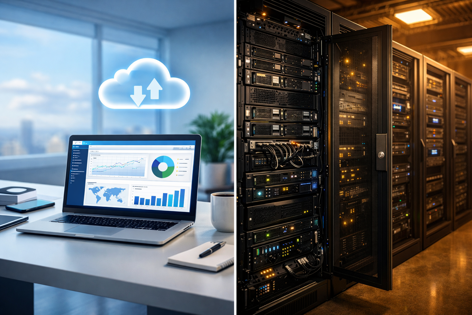 Side-by-side comparison of cloud and on-premise package tracking software deployment models showing key differences