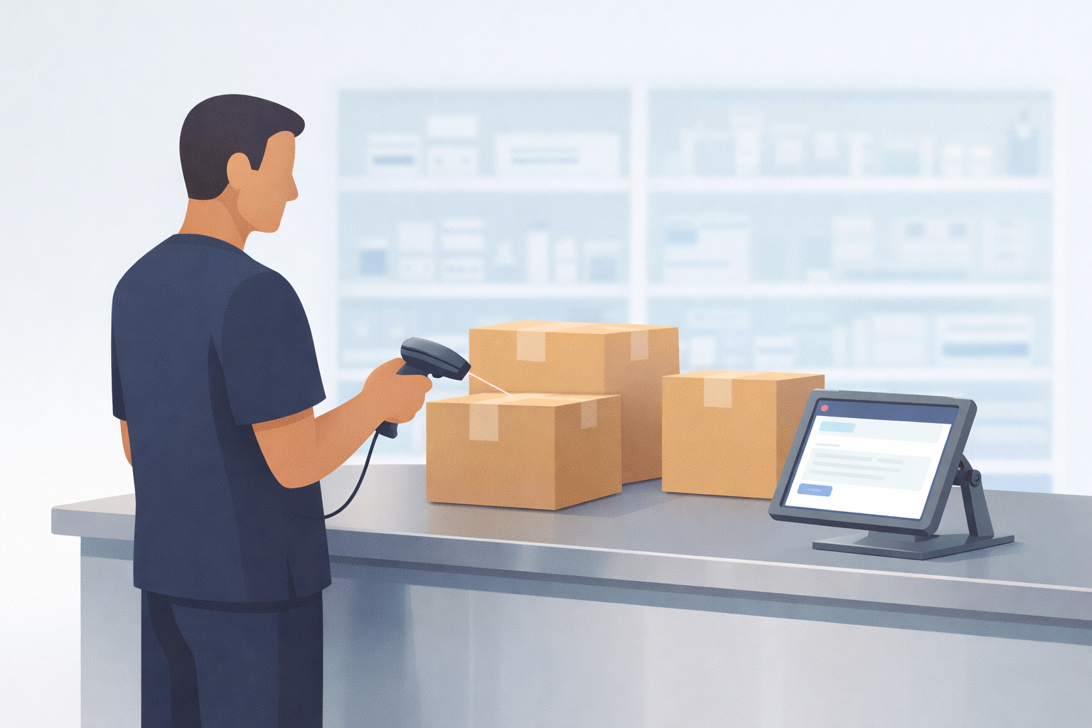 Hospital receiving staff scanning packages at a hospital intake counter