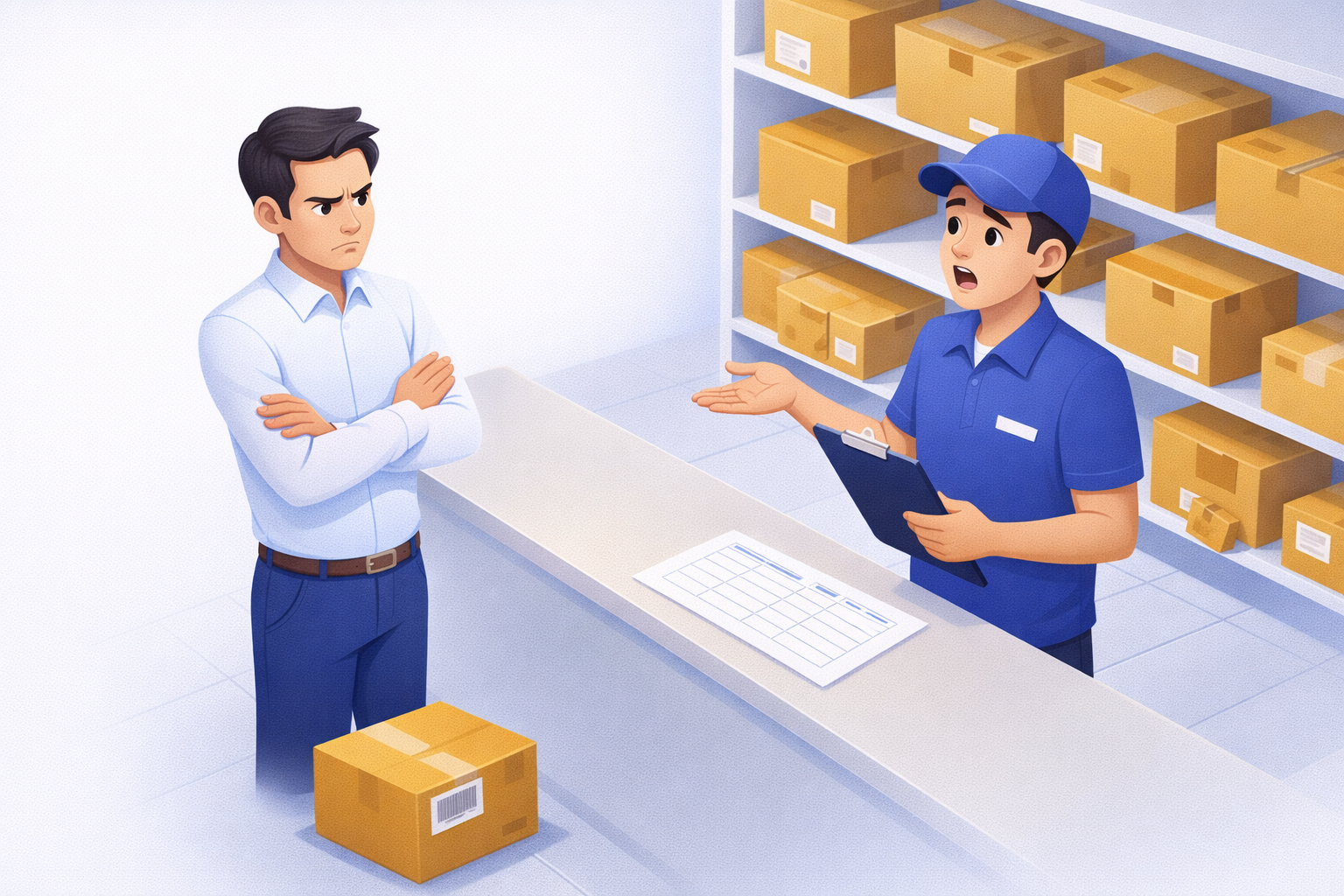 Frustrated recipient confronting mailroom staff over a lost package, illustrating the need for package tracking accountability software
