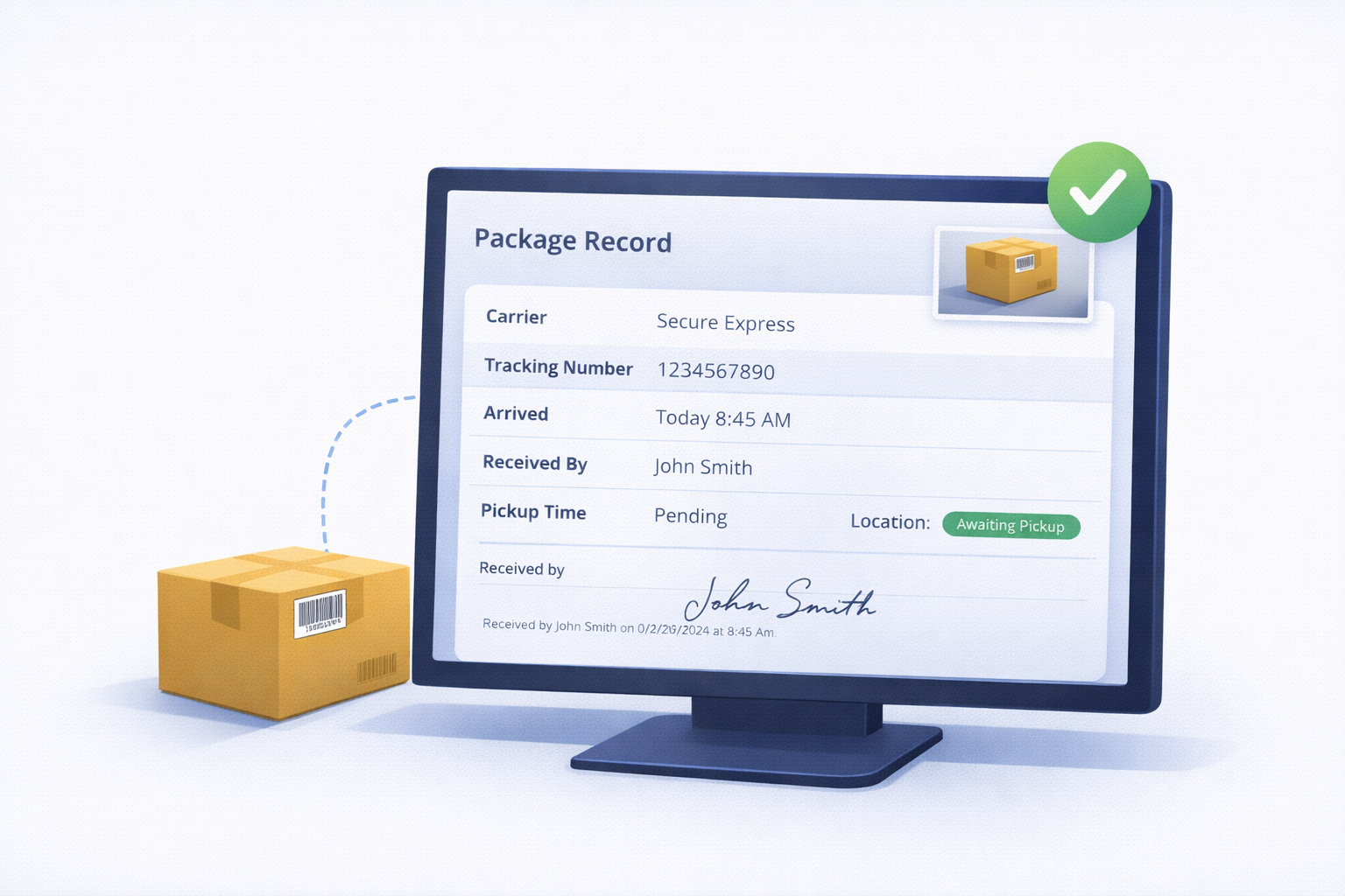 TekTrack mailroom management software chain of custody record showing package arrival time, recipient signature capture, and embedded proof-of-delivery photo