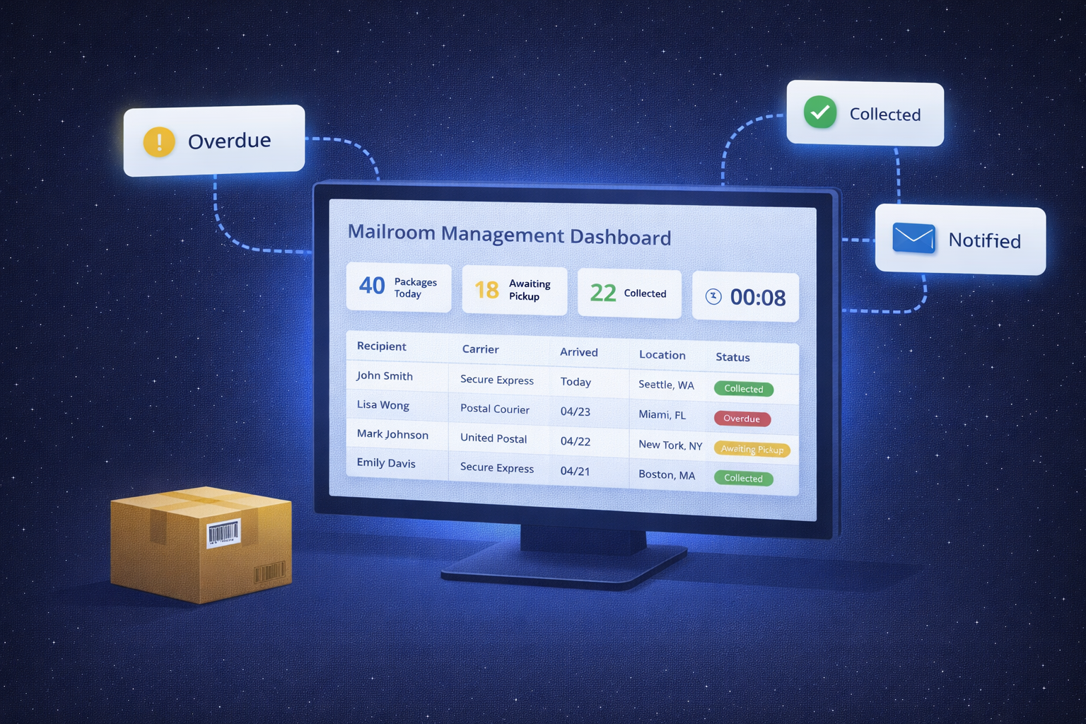 TekTrack mailroom management software dashboard displaying real-time inbound package status, package counts, and recipient notification history