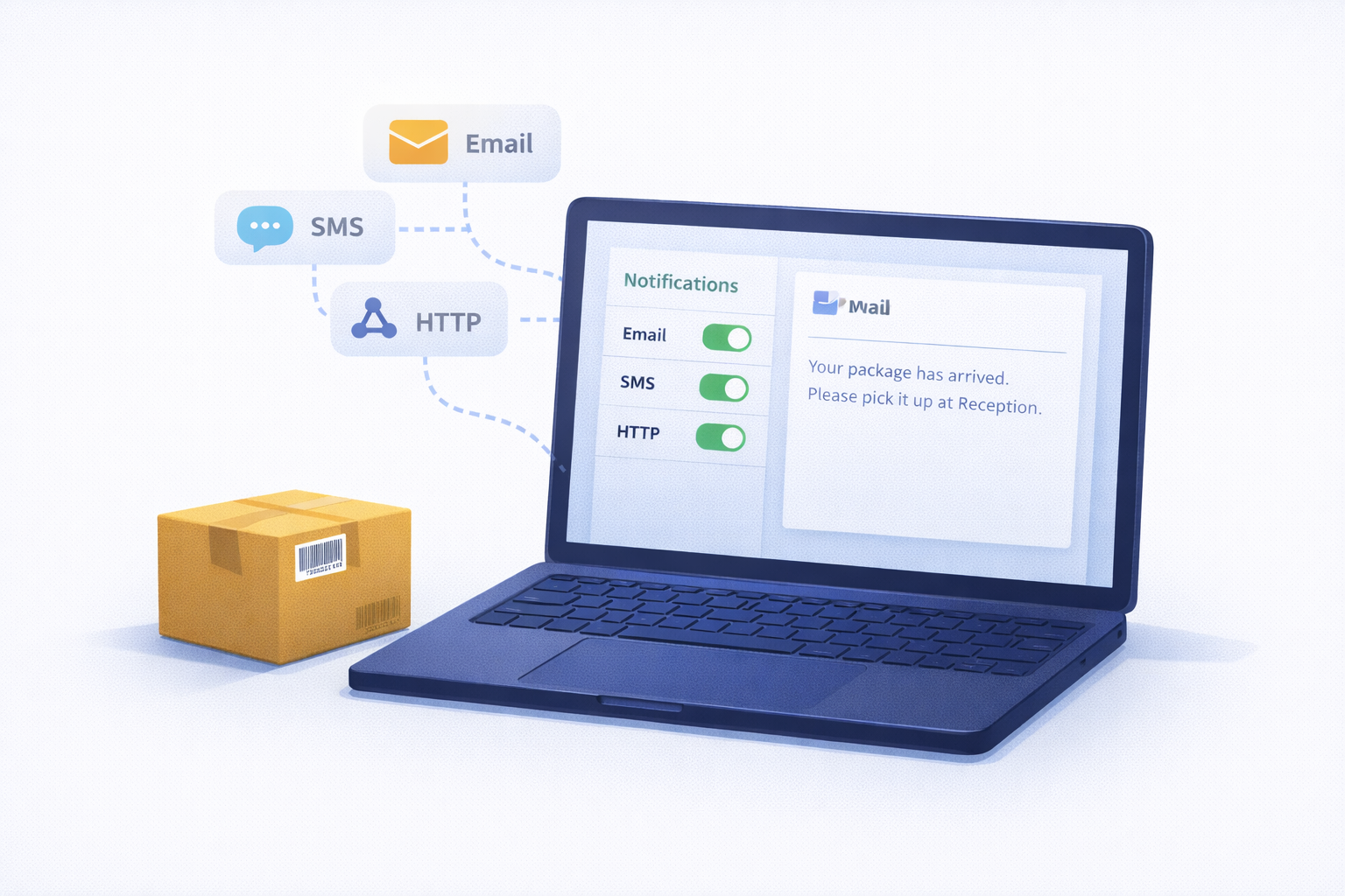 TekTrack inbound package tracking notification channel configuration showing email, SMS, WhatsApp, and HTTP web service post options