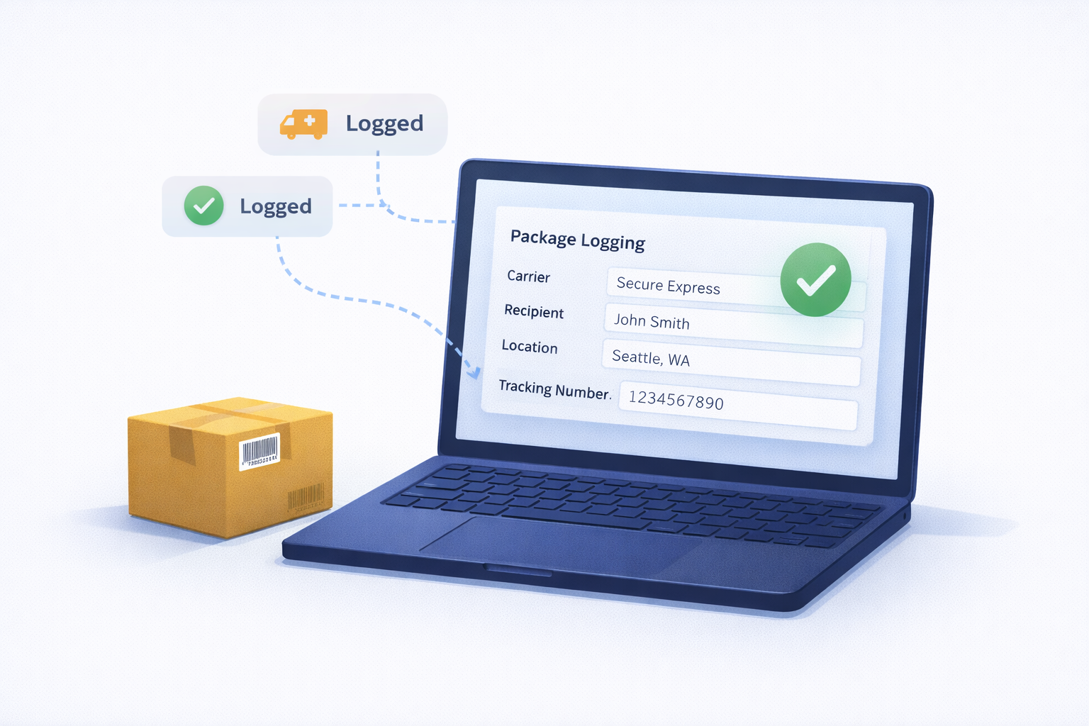 TekTrack mailroom management system scanning an inbound package label to automatically log carrier, recipient, and delivery details
