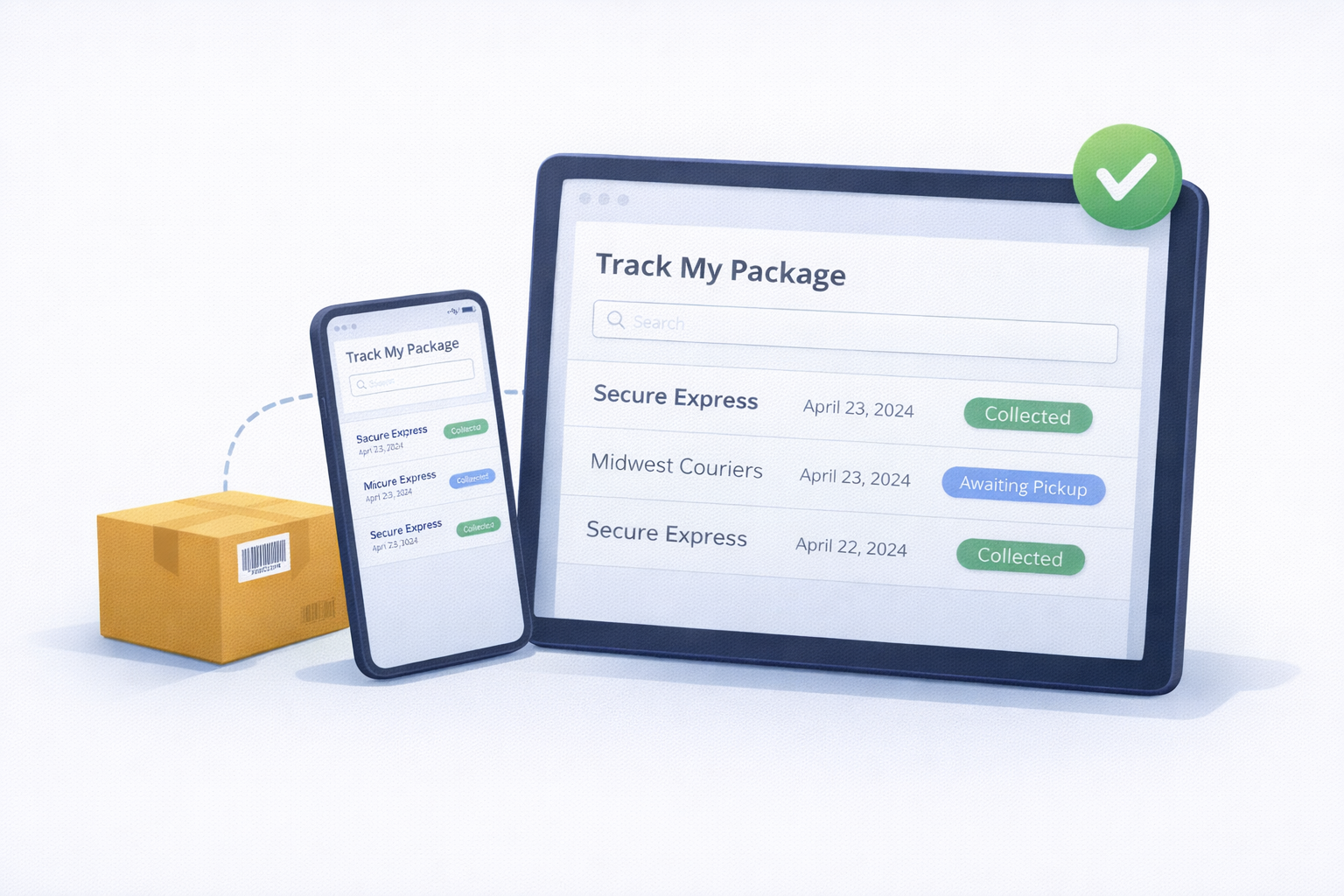 TekTrack self-service recipient portal showing inbound package status, delivery history, and pickup confirmation for mailroom management