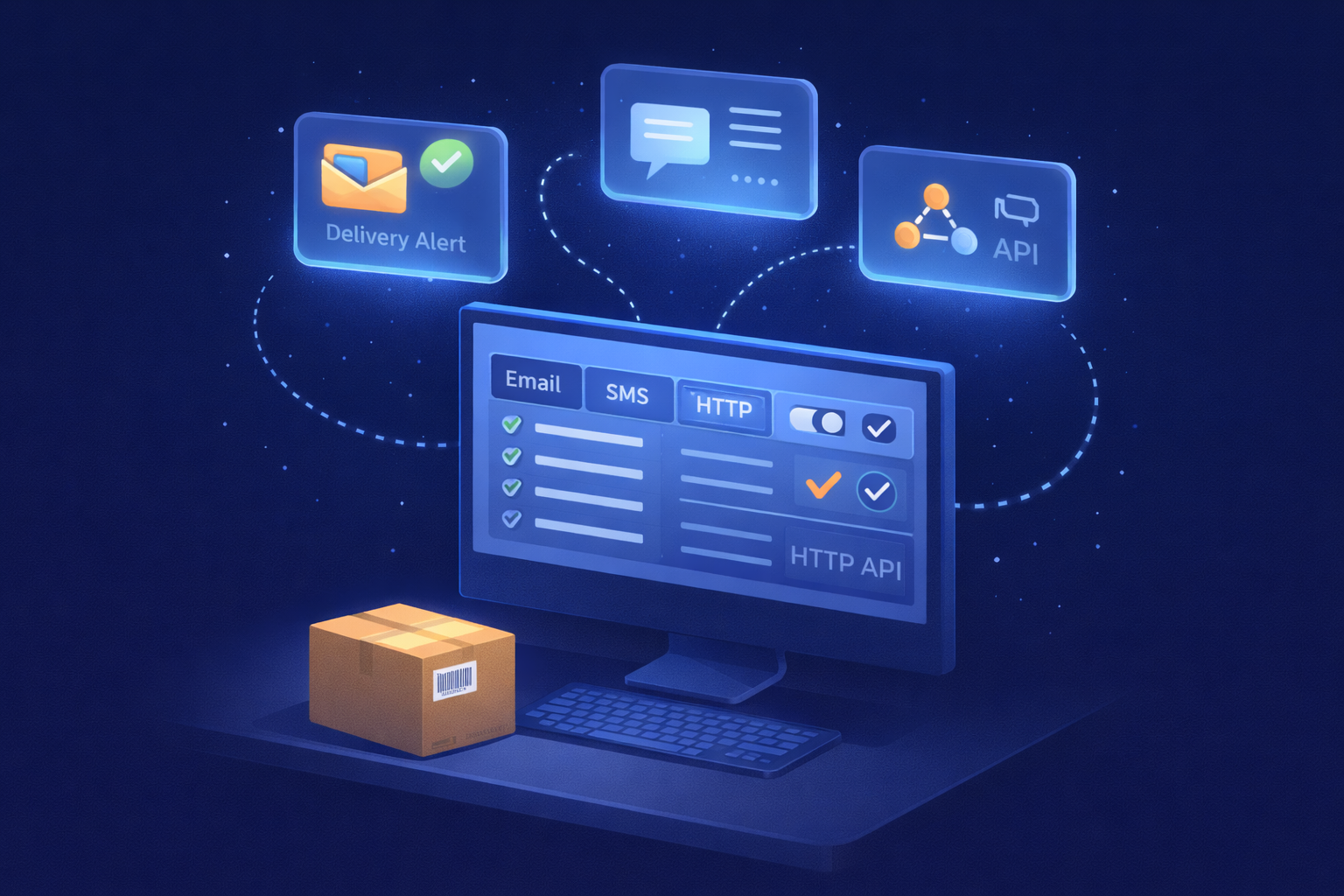 TekTrack package tracking notification hub showing email, SMS, WhatsApp, and HTTP API channels