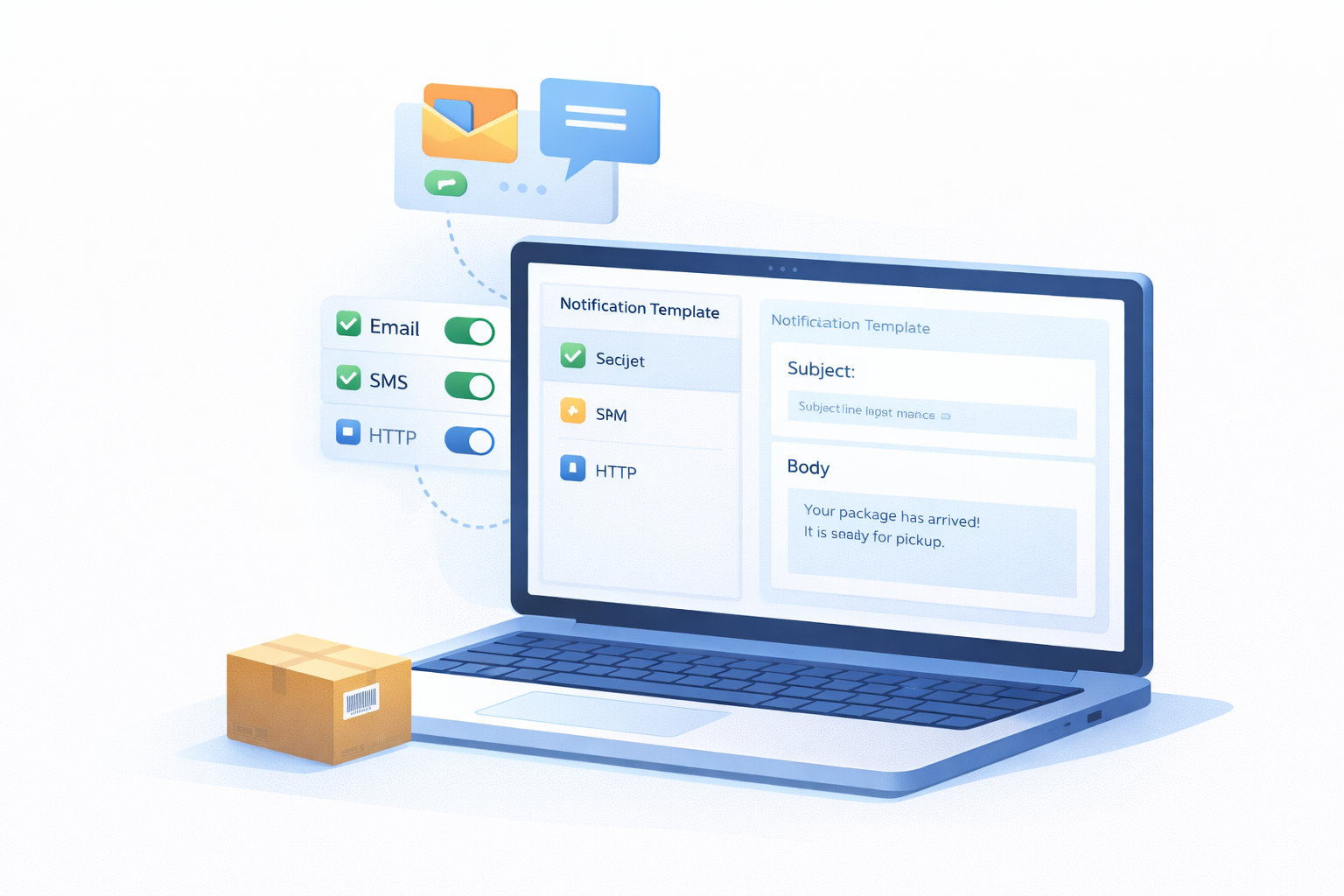 TekTrack notification configuration dashboard with channel toggles and template settings
