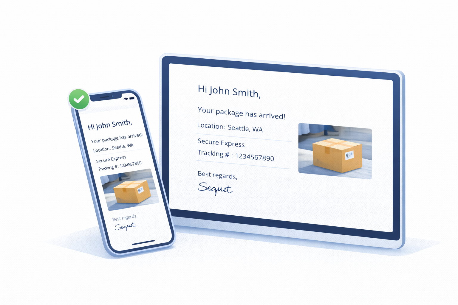 TekTrack proof of delivery notification showing embedded recipient signature and delivery photo