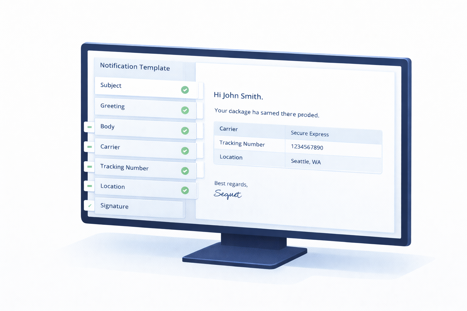 TekTrack notification template builder showing customizable email message layout and data fields