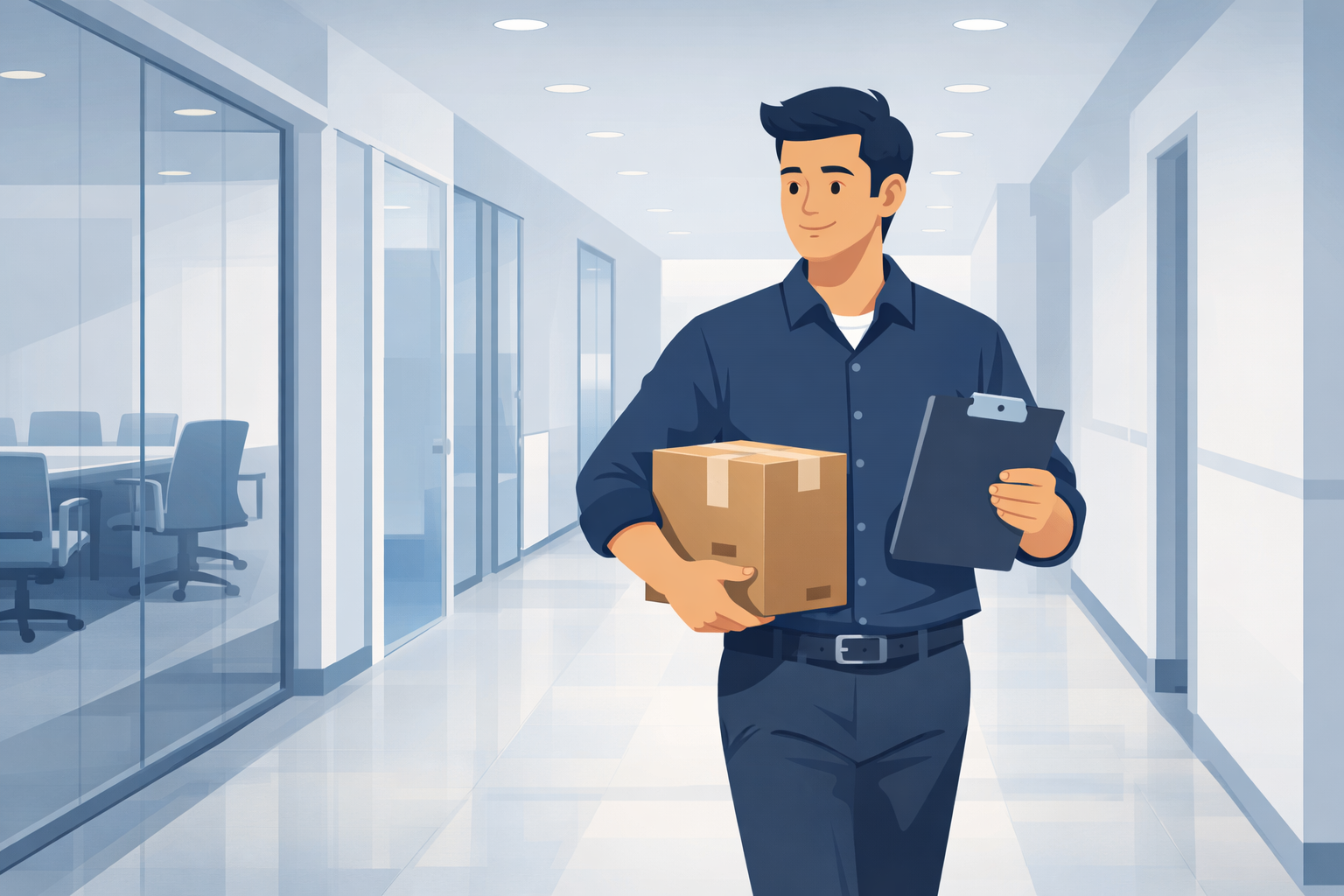 Mailroom staff member carrying a package and clipboard in a corporate hallway