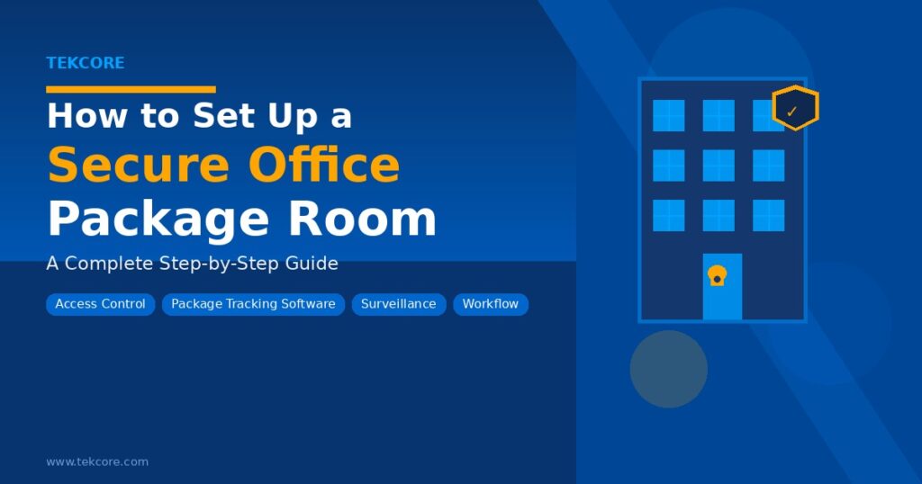 Secure office package room with organized shelving, access control, and a dedicated intake station for inbound package receiving