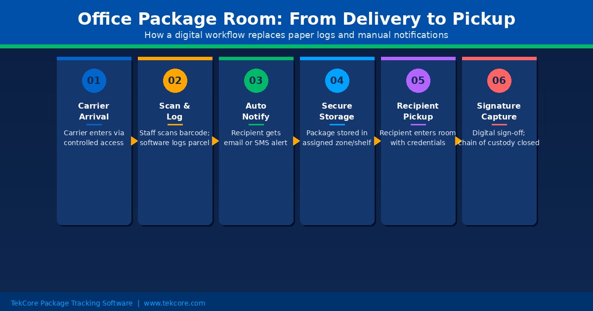 Step-by-step workflow diagram for an office package room showing carrier arrival, scan and log, internal label printing, secure storage, recipient pickup, and digital signature capture