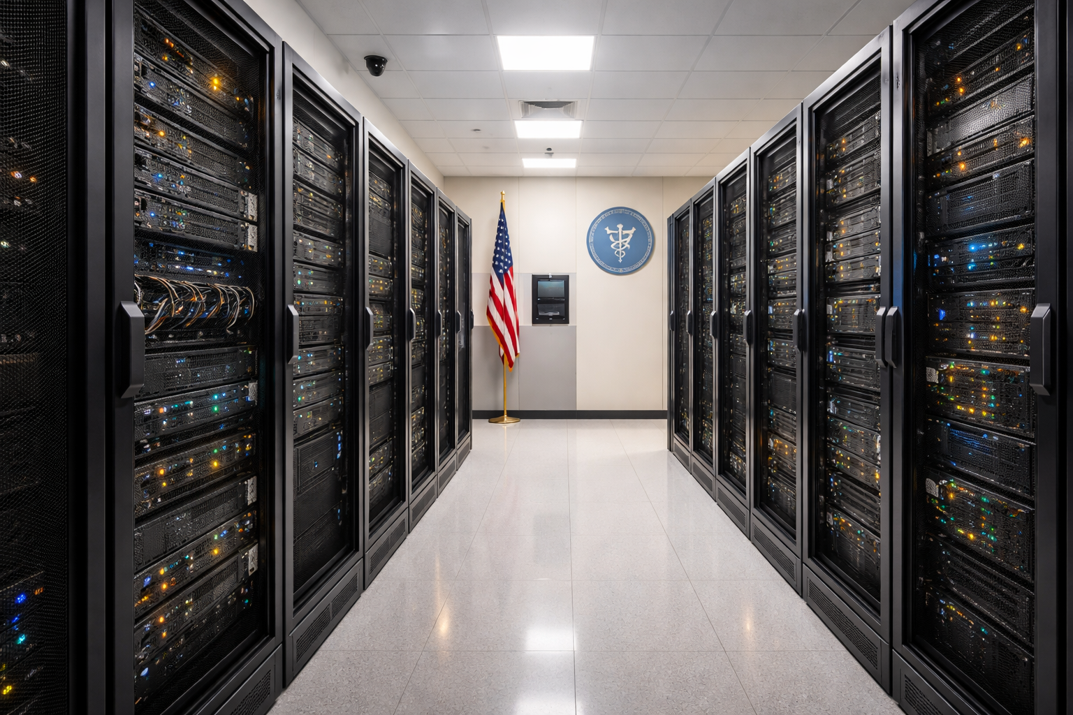 Secure server room in a government or healthcare facility hosting on-premise package tracking software for data compliance
