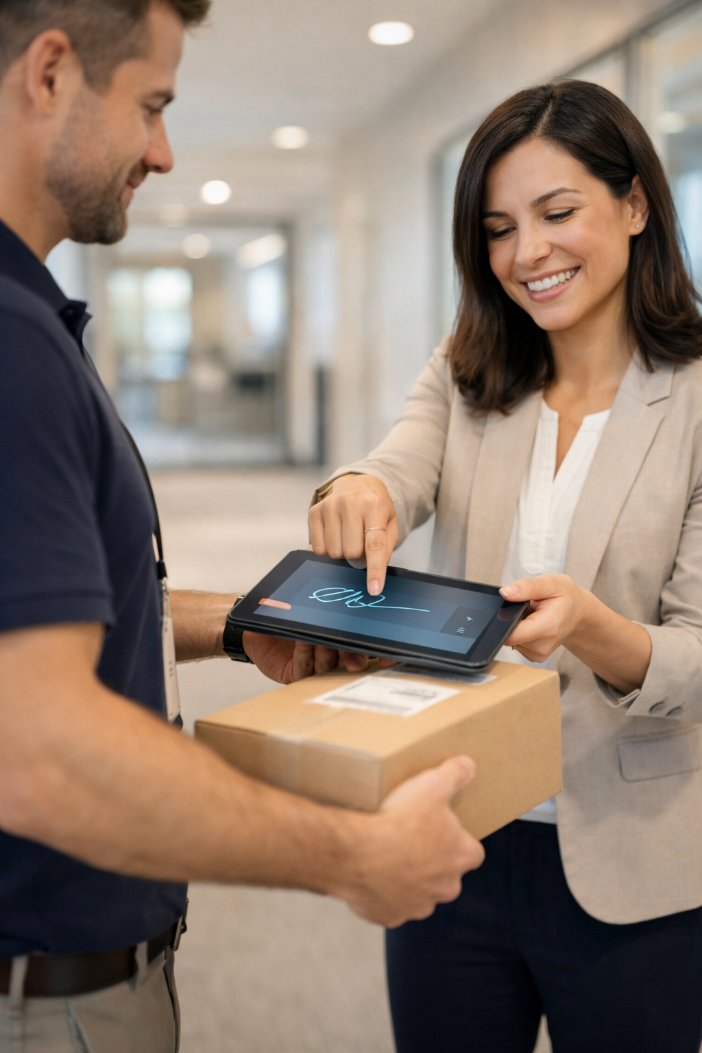Recipient signing for a package on a tablet held by delivery staff in an office