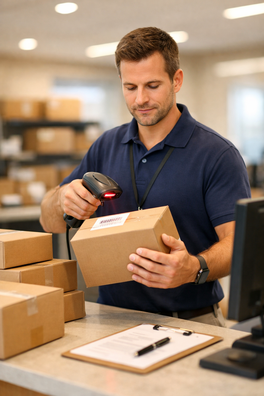 Mailroom staff scanning a package barcode with a handheld scanner at a receiving desk