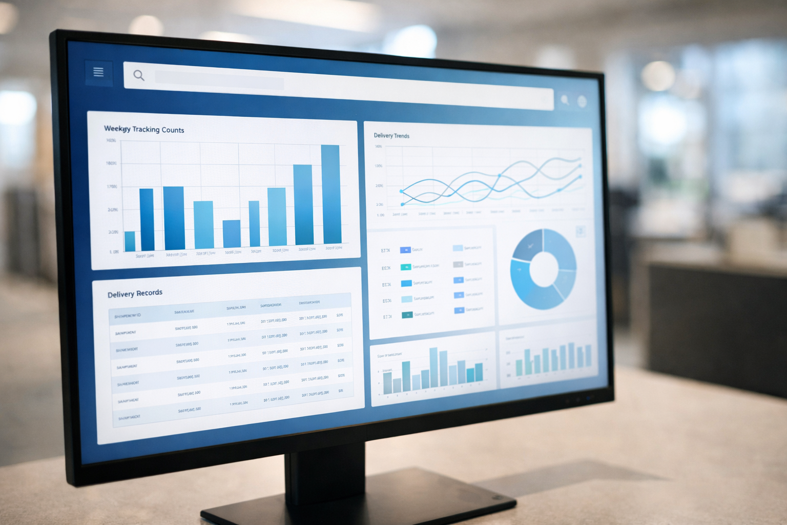 Computer monitor displaying a package tracking analytics dashboard with charts and delivery records