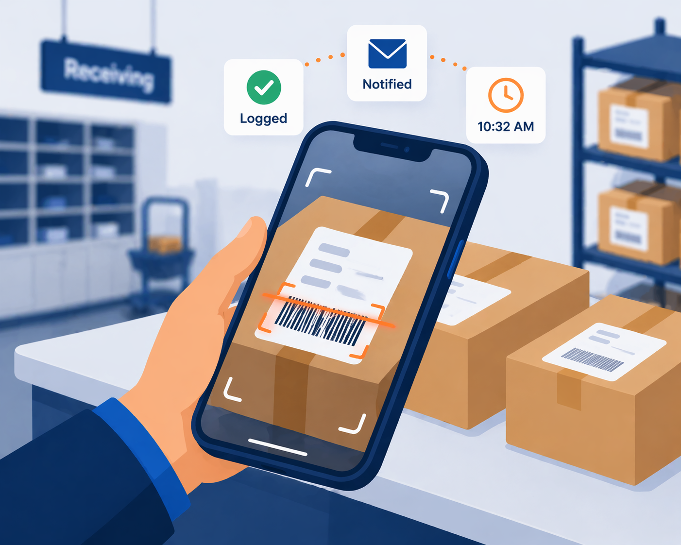 Package receiving software shown on a mobile phone scanning a package barcode at intake