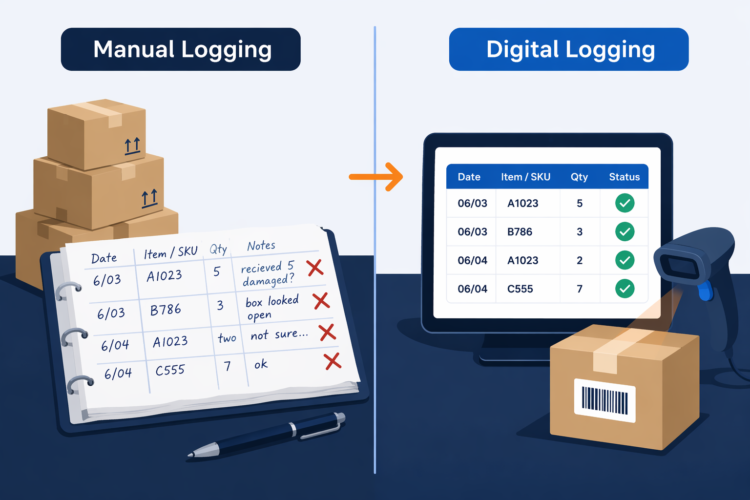 What is package logging software: comparison showing paper manual log versus digital scan-to-log workflow