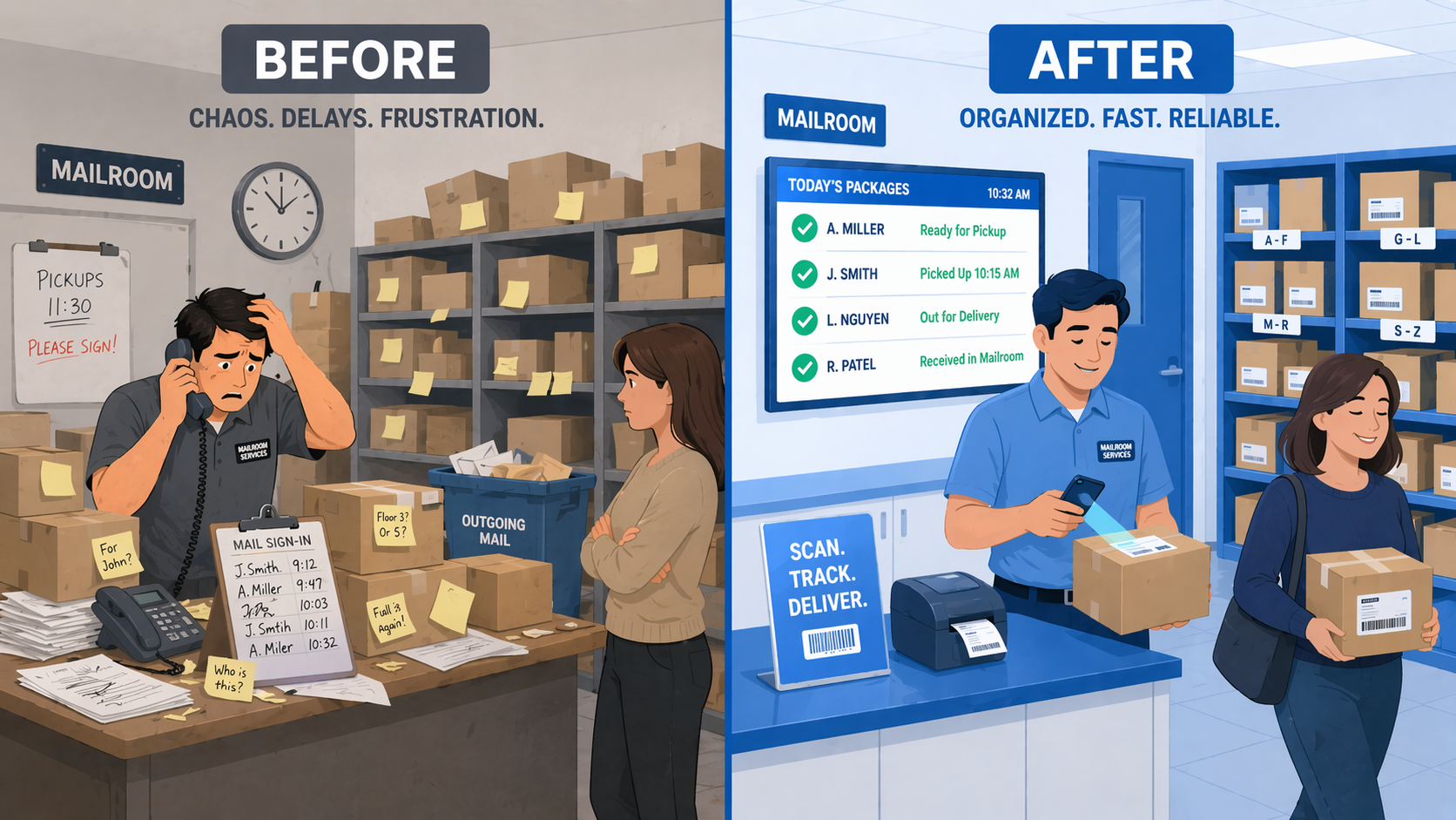 Before and after comparison of a mailroom without package tracking software versus one using inbound package tracking with digital logging and organized storage