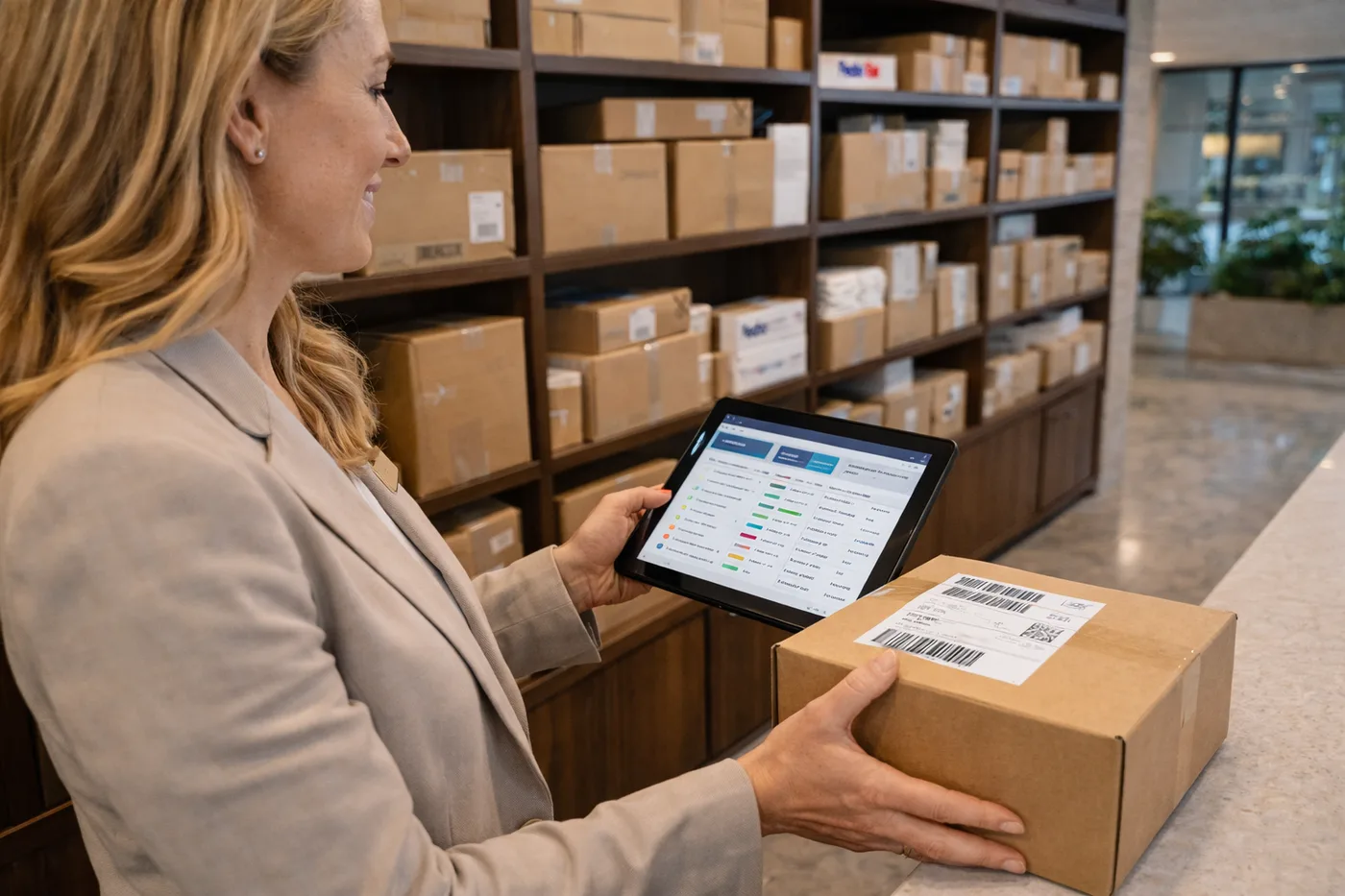 Close-up of a property manager pointing a handheld barcode scanner at a shipping label on a cardboard box at a front desk counter