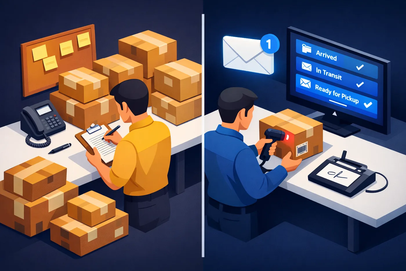 Digital mailroom software — automated workflow showing package scan, recipient notification, and digital delivery confirmation