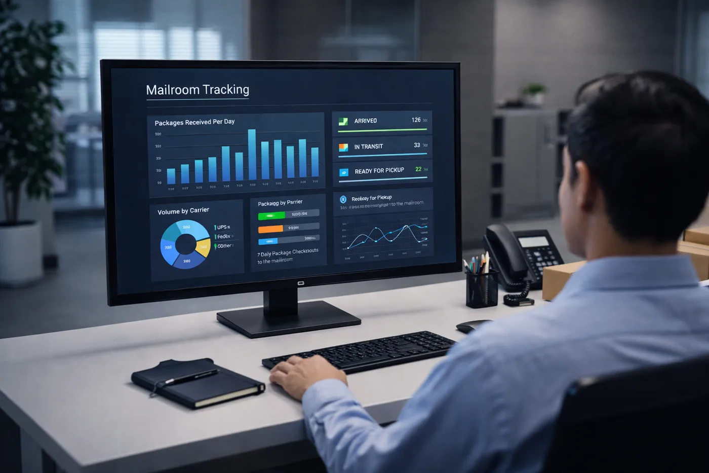 Operations manager reviewing digital mailroom software dashboard showing package analytics and delivery metrics