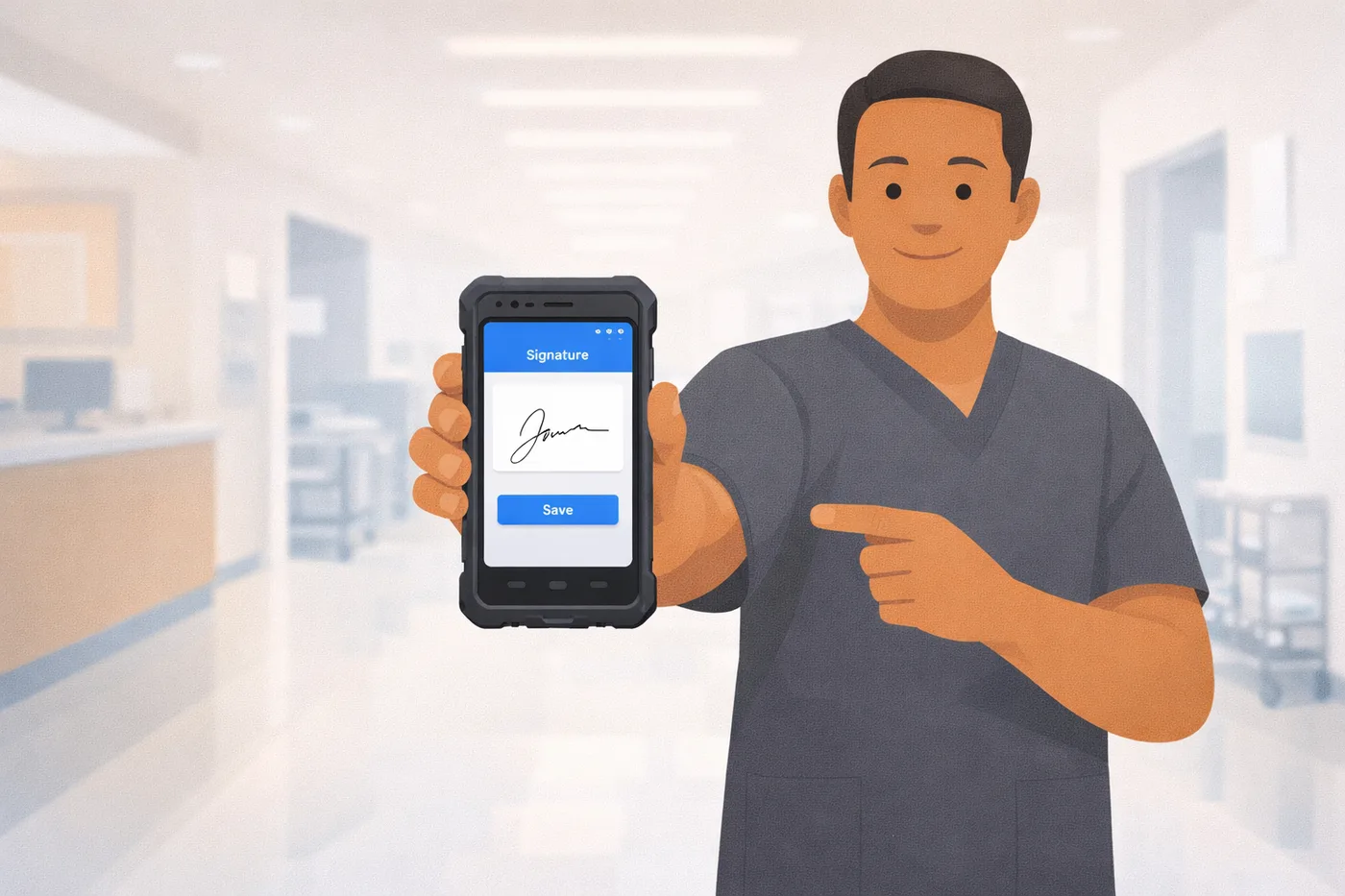 Hospital staff member holding a Zebra TC22 mobile computer toward a colleague for a digital delivery signature in a hospital department