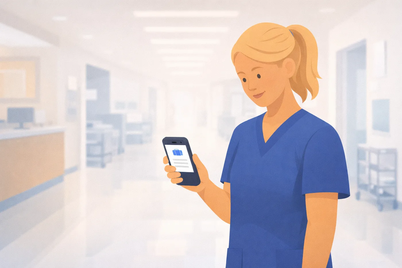 Hospital staff member in scrubs reading a package delivery notification on a smartphone in a hospital corridor