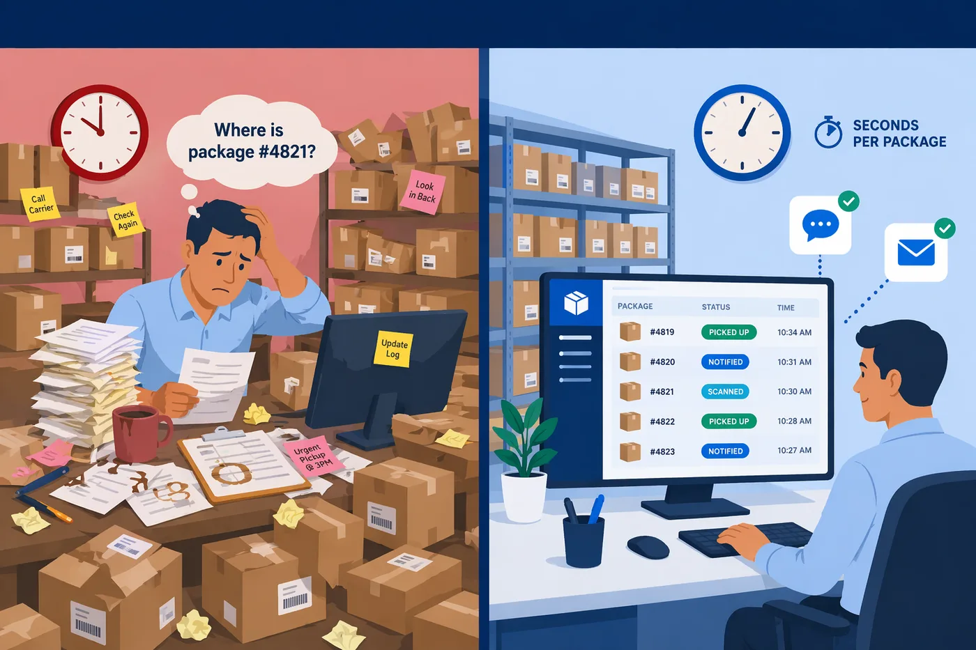 Manual mailroom logging versus digital inbound package tracking software showing the difference between paper logs and automated package management
