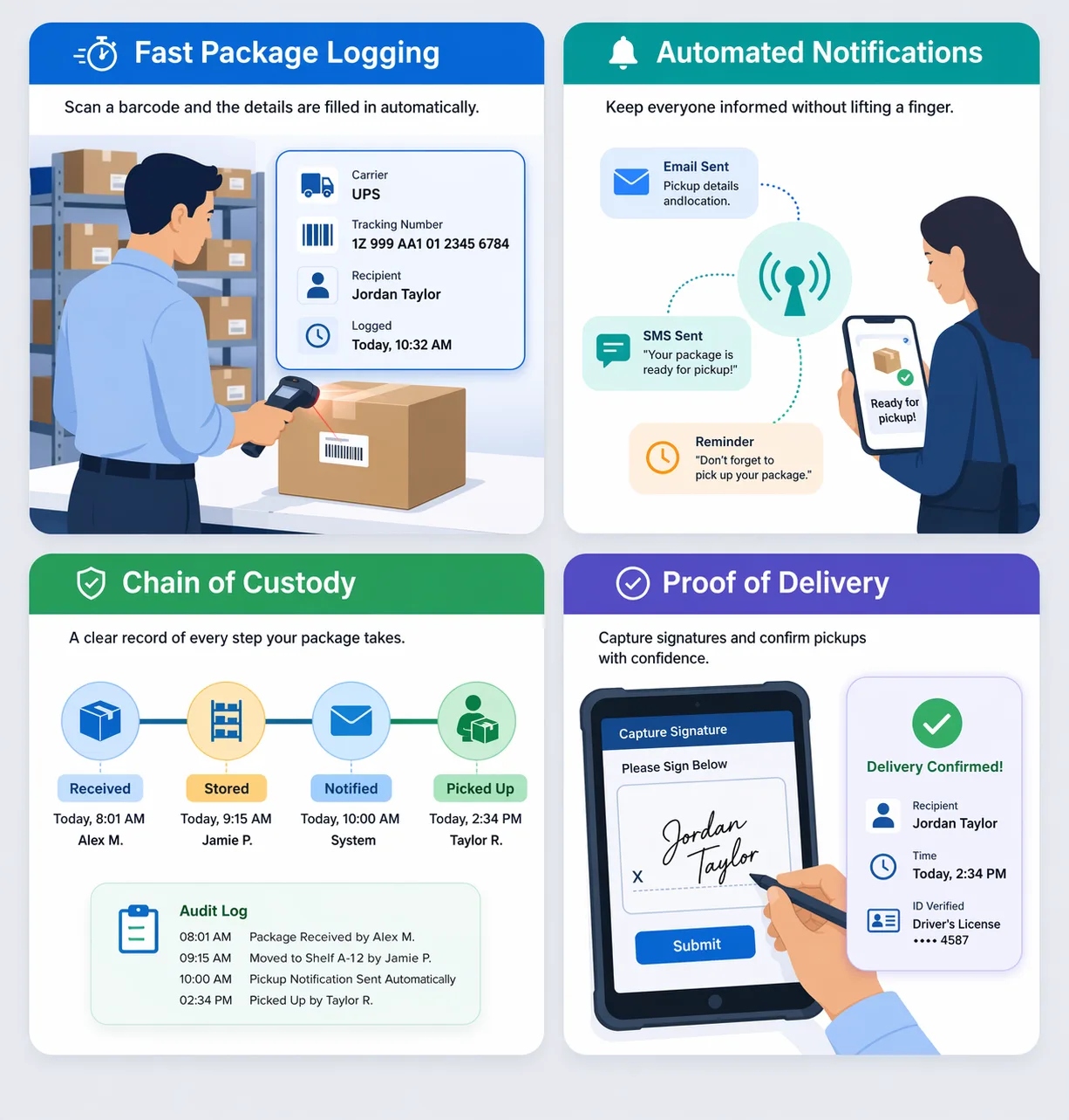 Industries that use inbound package tracking software including corporate mailrooms, university mail centers, hospital receiving, and residential package management