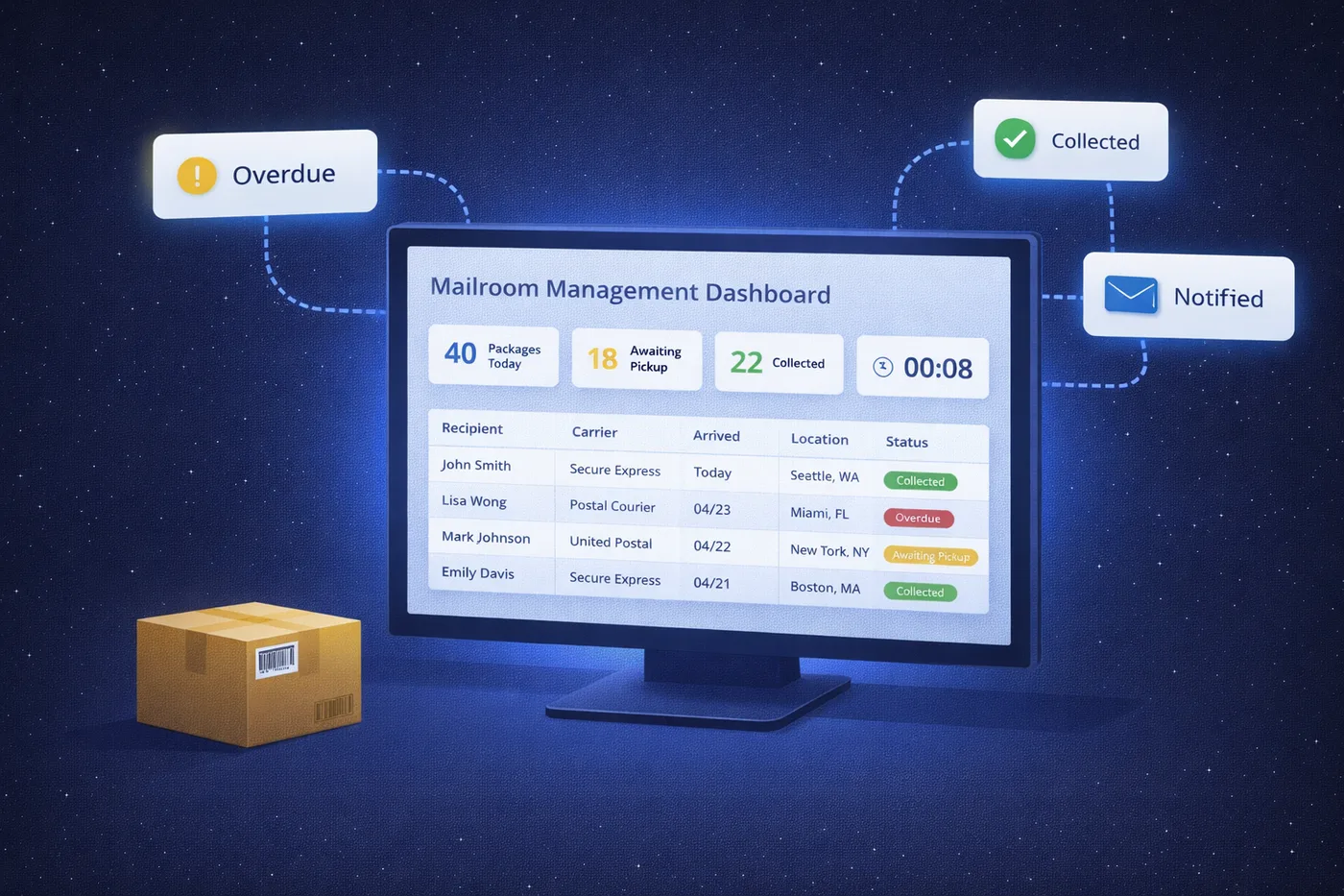 TekTrack mailroom management software dashboard displaying real-time inbound package status, package counts, and recipient notification history