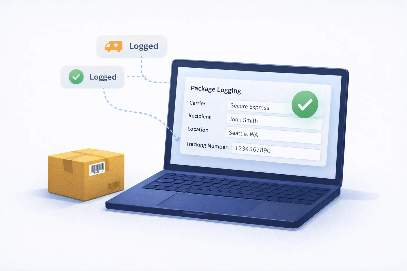 TekTrack mailroom management system scanning an inbound package label to automatically log carrier, recipient, and delivery details