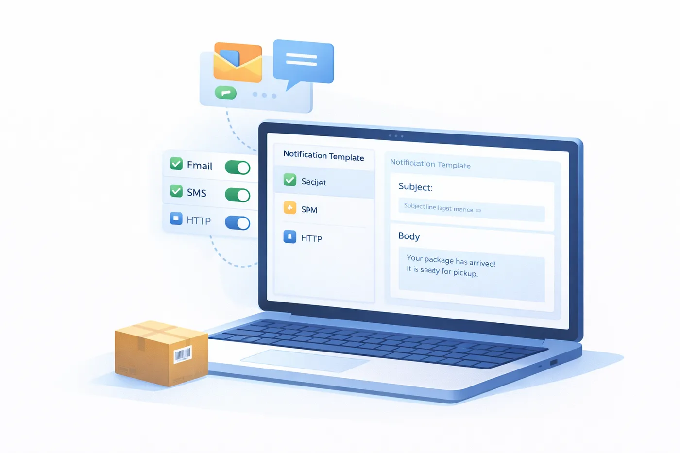 TekTrack notification configuration dashboard with channel toggles and template settings