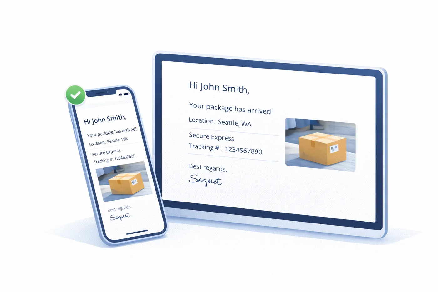 TekTrack proof of delivery notification showing embedded recipient signature and delivery photo