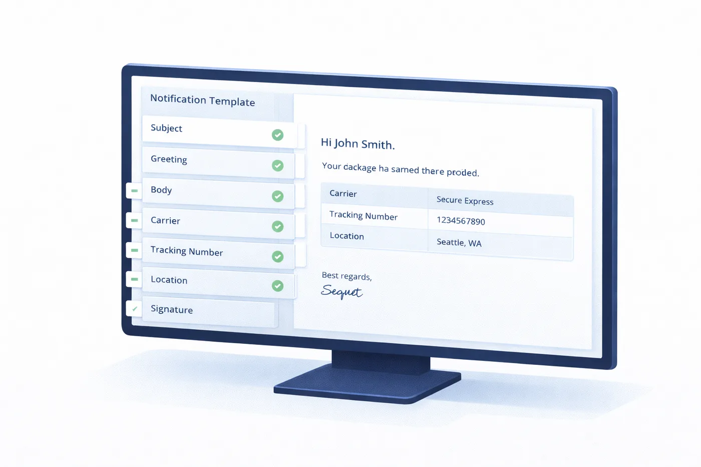 TekTrack notification template builder showing customizable email message layout and data fields