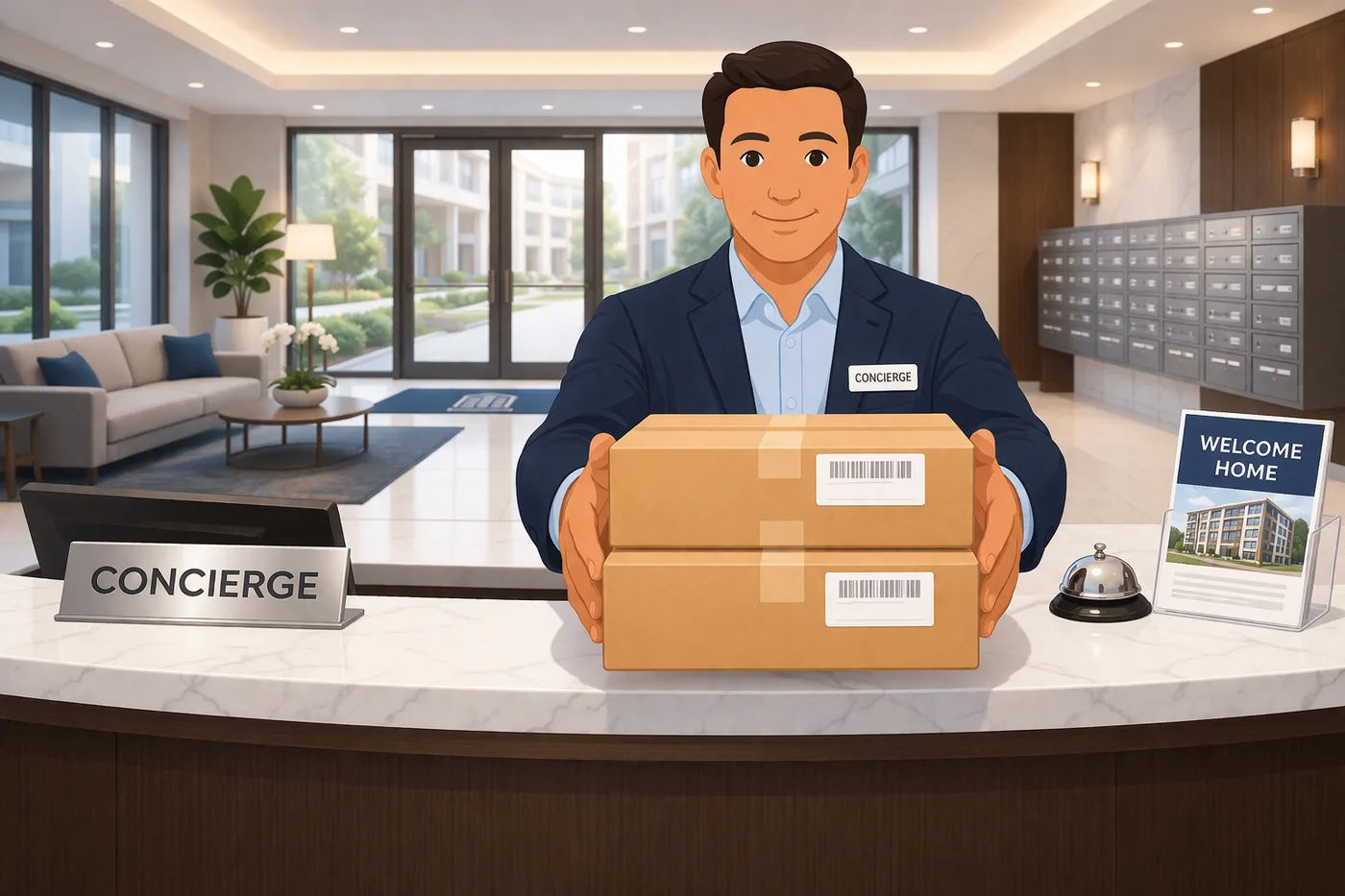 Property manager at apartment front desk holding a tablet displaying TekTrack package tracking software