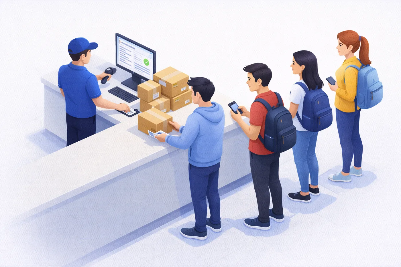 University package tracking software in use — campus mailroom counter with clerk processing student package pickups