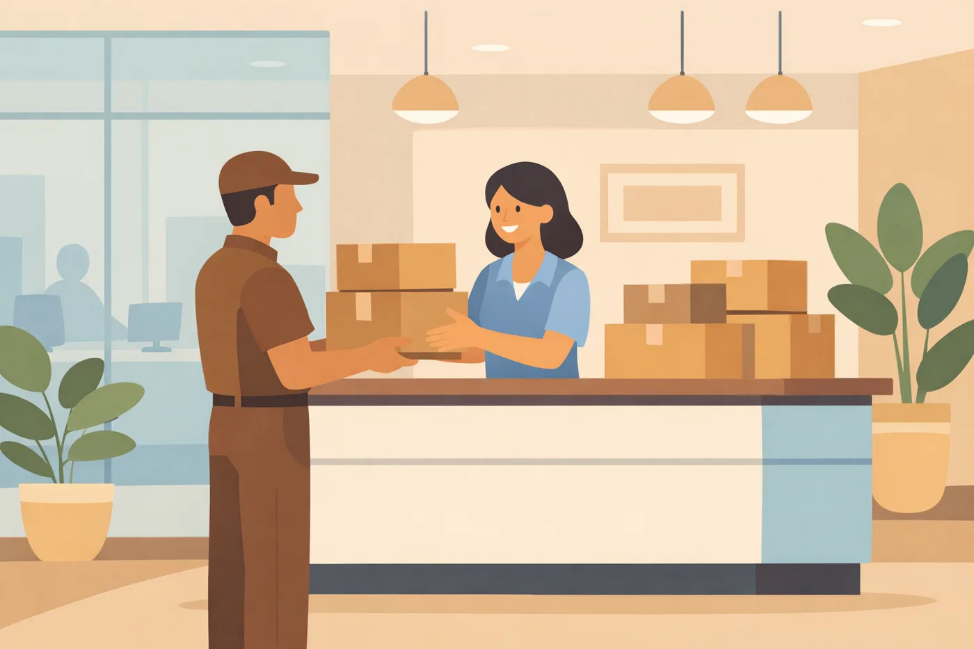 UPS driver delivering multiple packages to a corporate reception desk