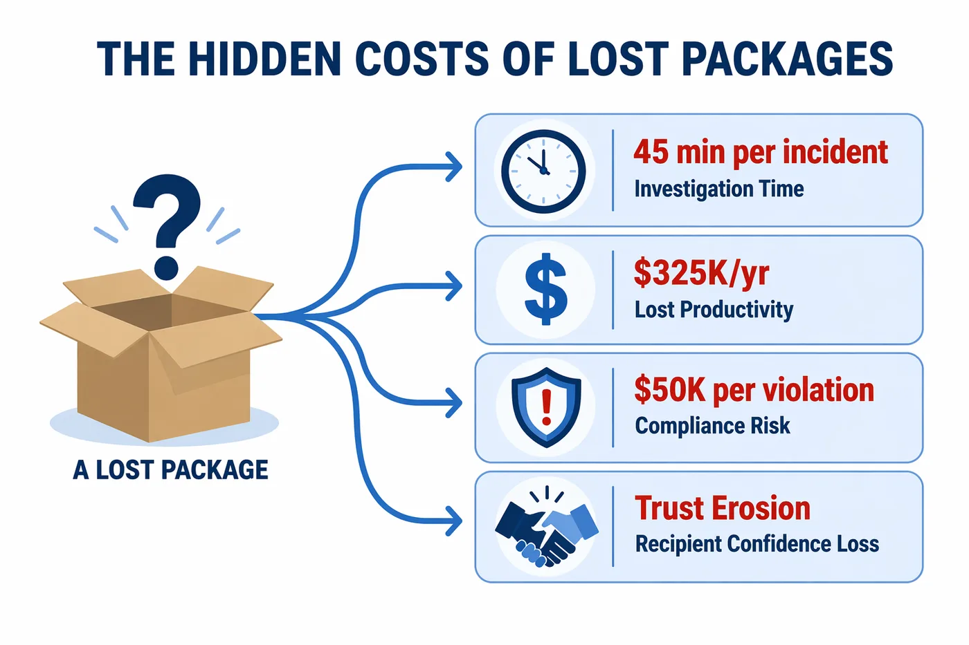 Financial impact of lost packages in businesses showing replacement costs, wasted staff hours, compliance risk, and trust erosion from missing inbound package tracking