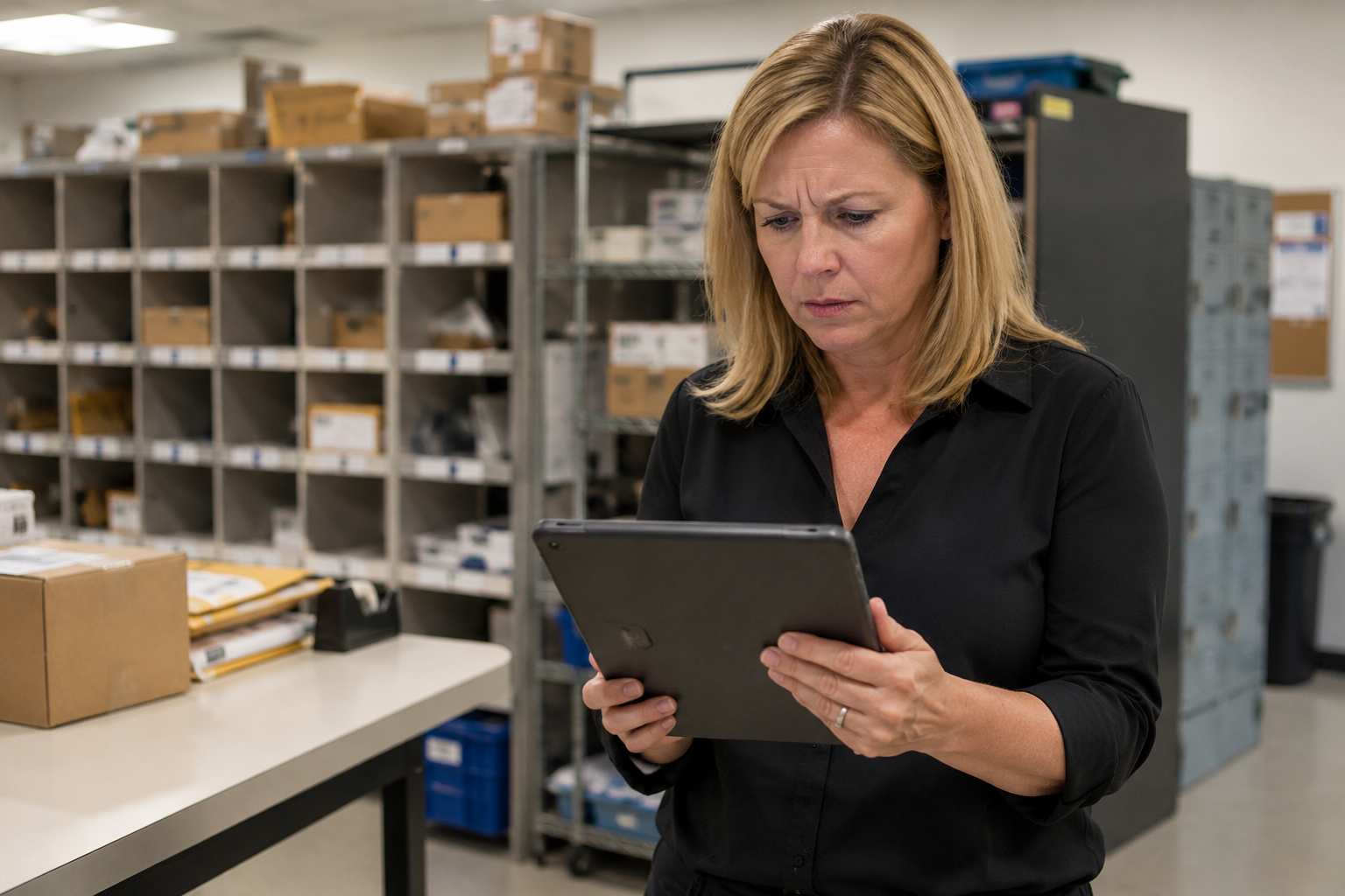 Office manager reviewing a package discrepancy report in a mailroom