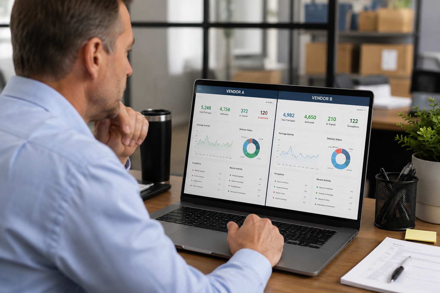 Facilities manager comparing package tracking software dashboards on a laptop