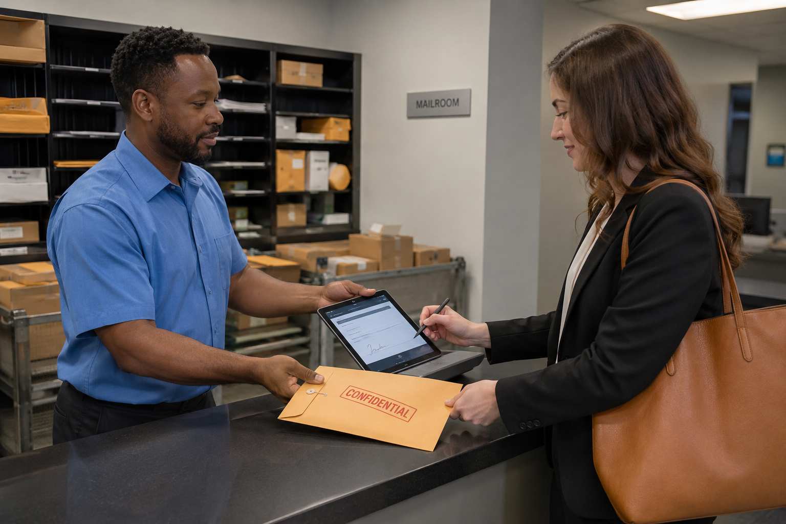 Mailroom clerk handing off a confidential envelope with digital receipt confirmation