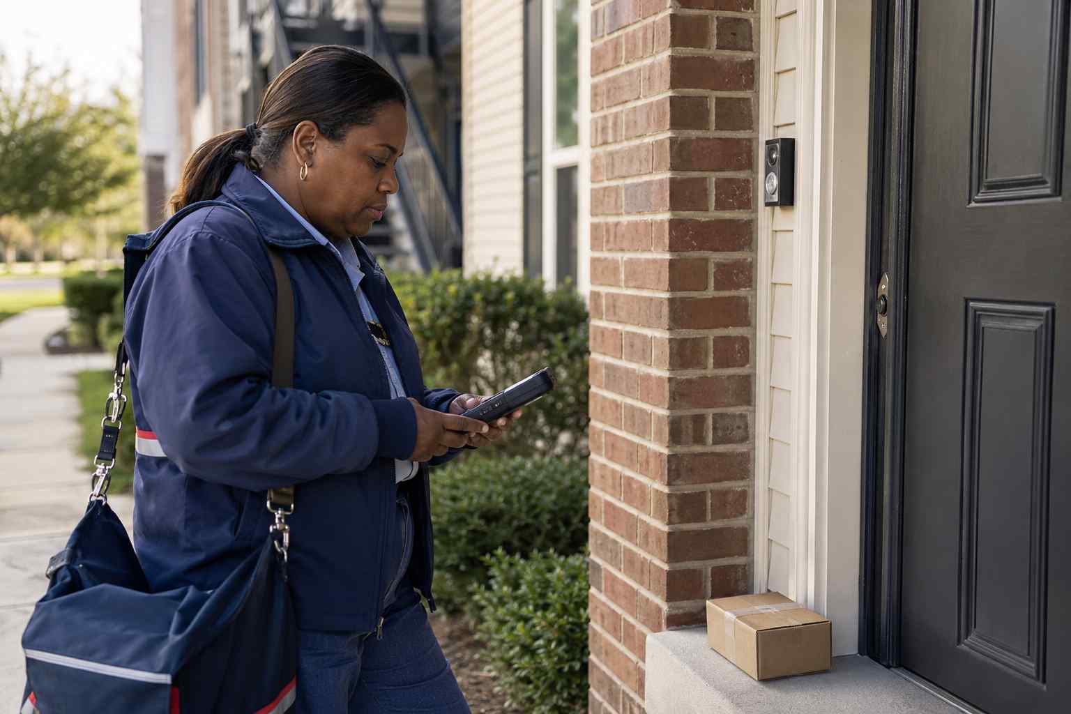 USPS carrier delivering a package