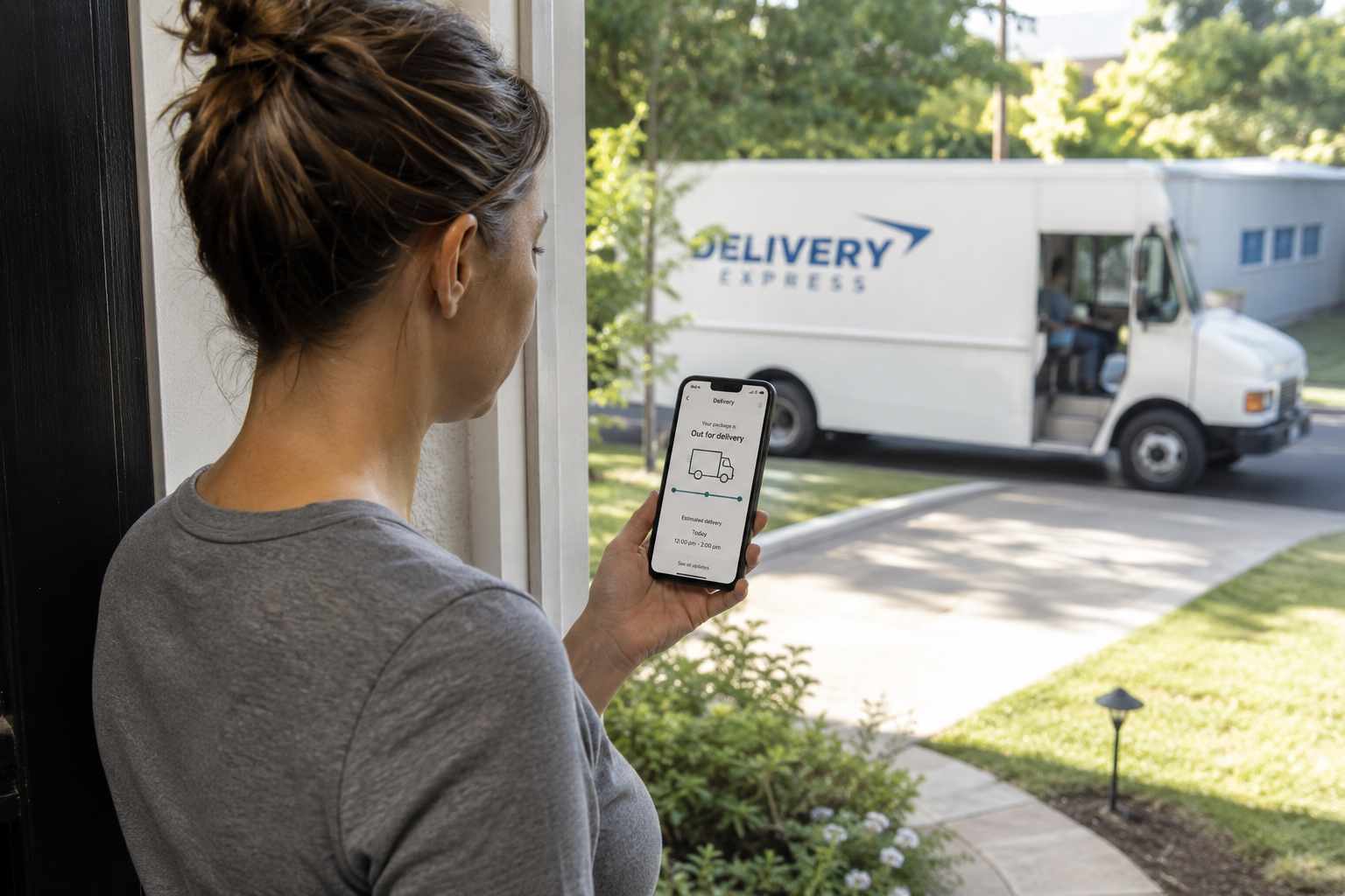 Person checking a package delivery tracking app near their front door
