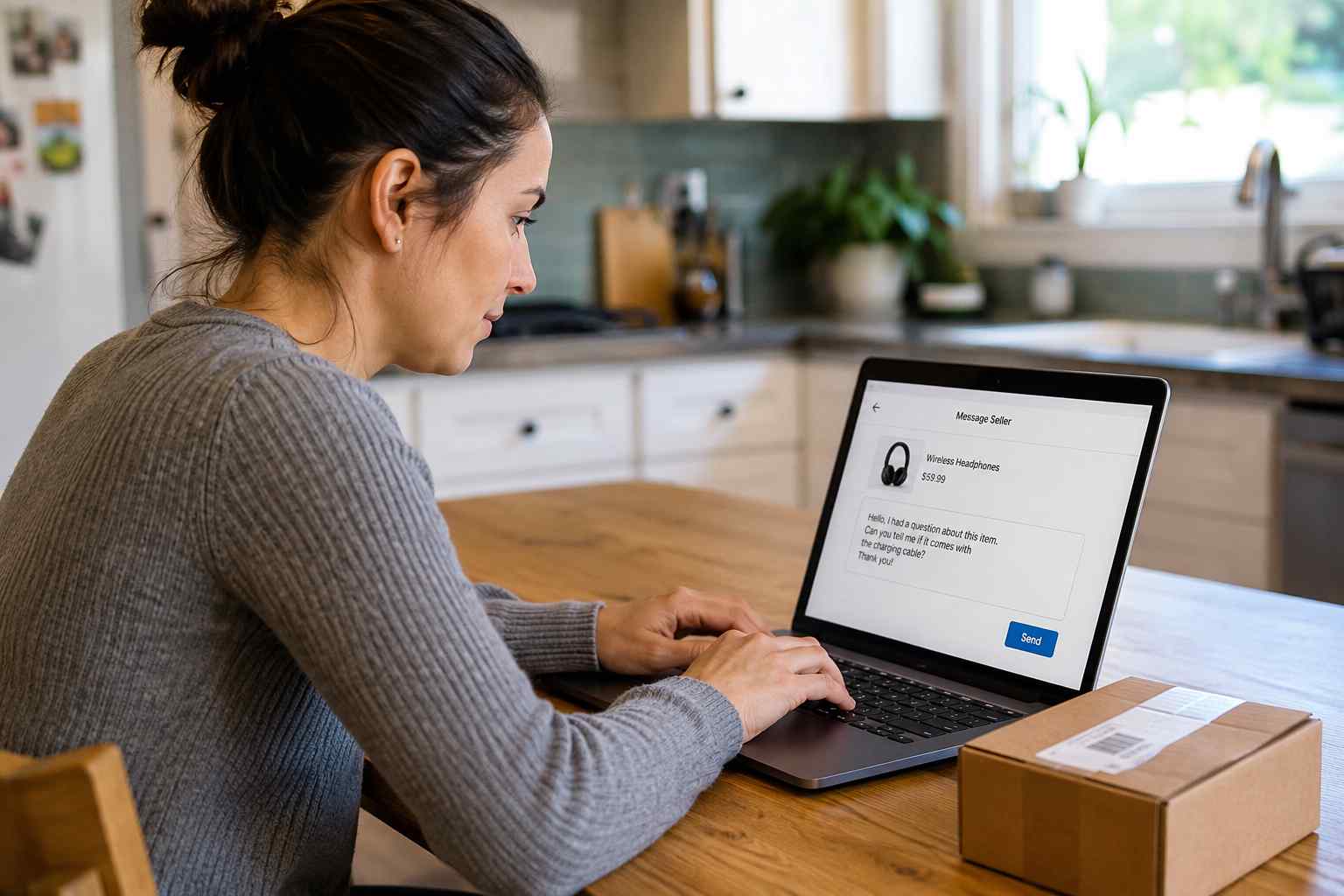 Person messaging an online marketplace seller about a shipment