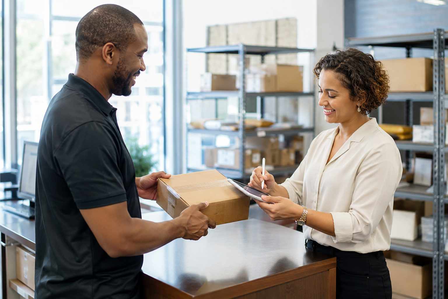 Mailroom clerk verifying a package handoff