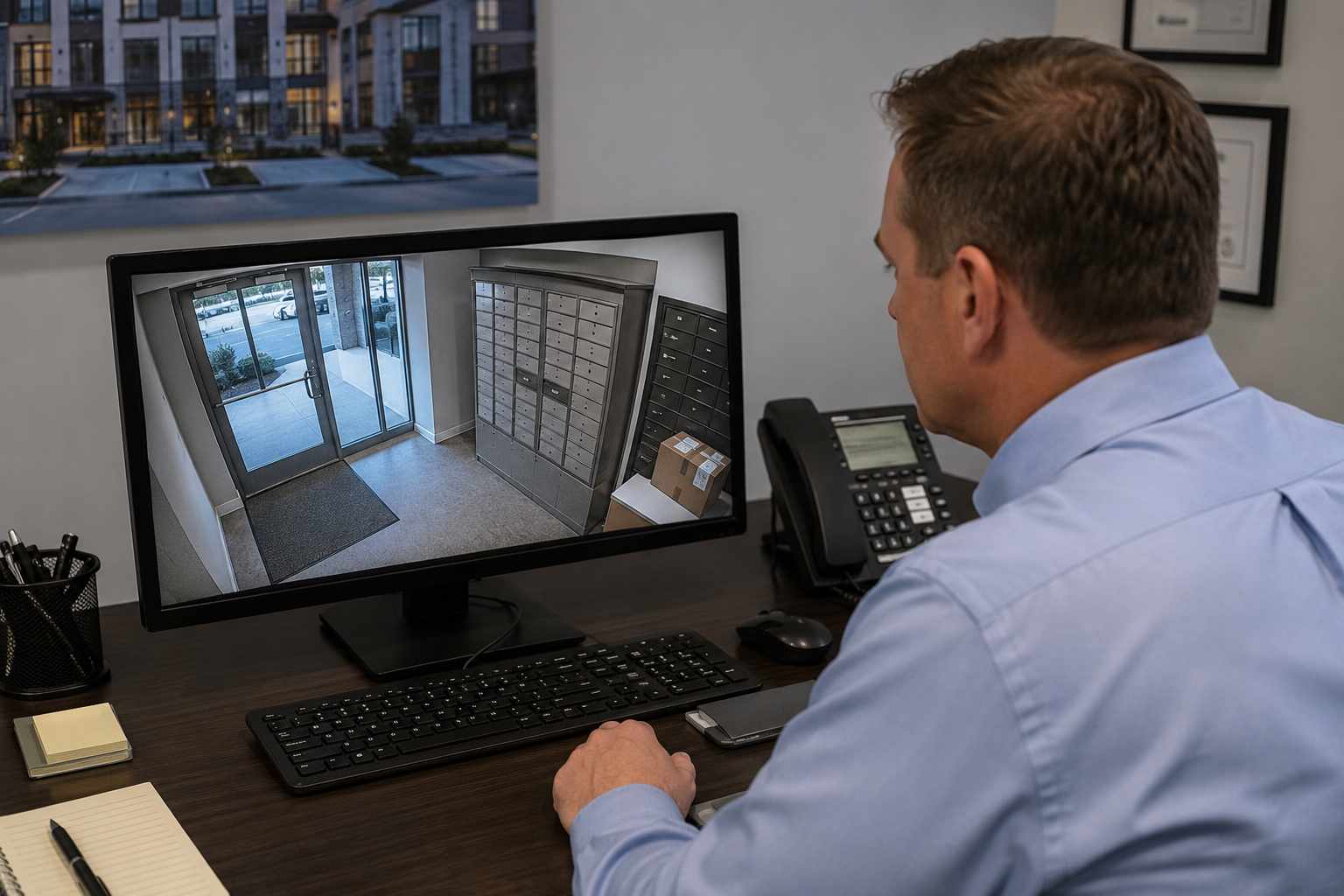 Property manager reviewing security camera footage of a mailroom