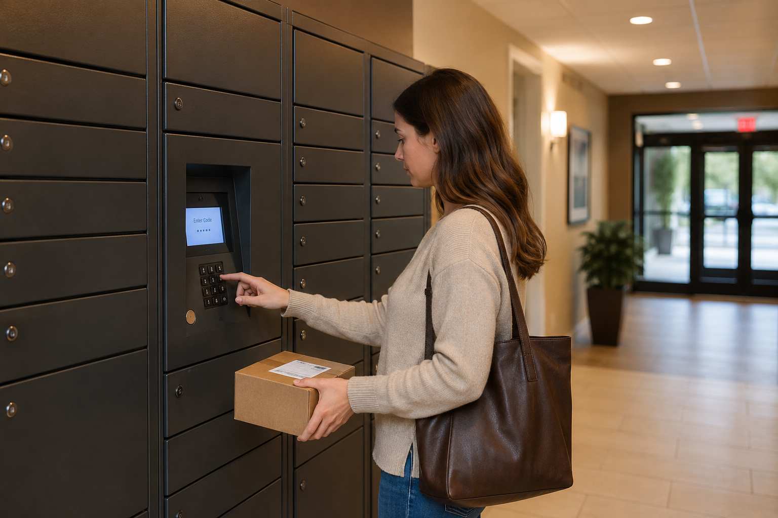Resident retrieving a package from a locked parcel locker in an apartment lobby
