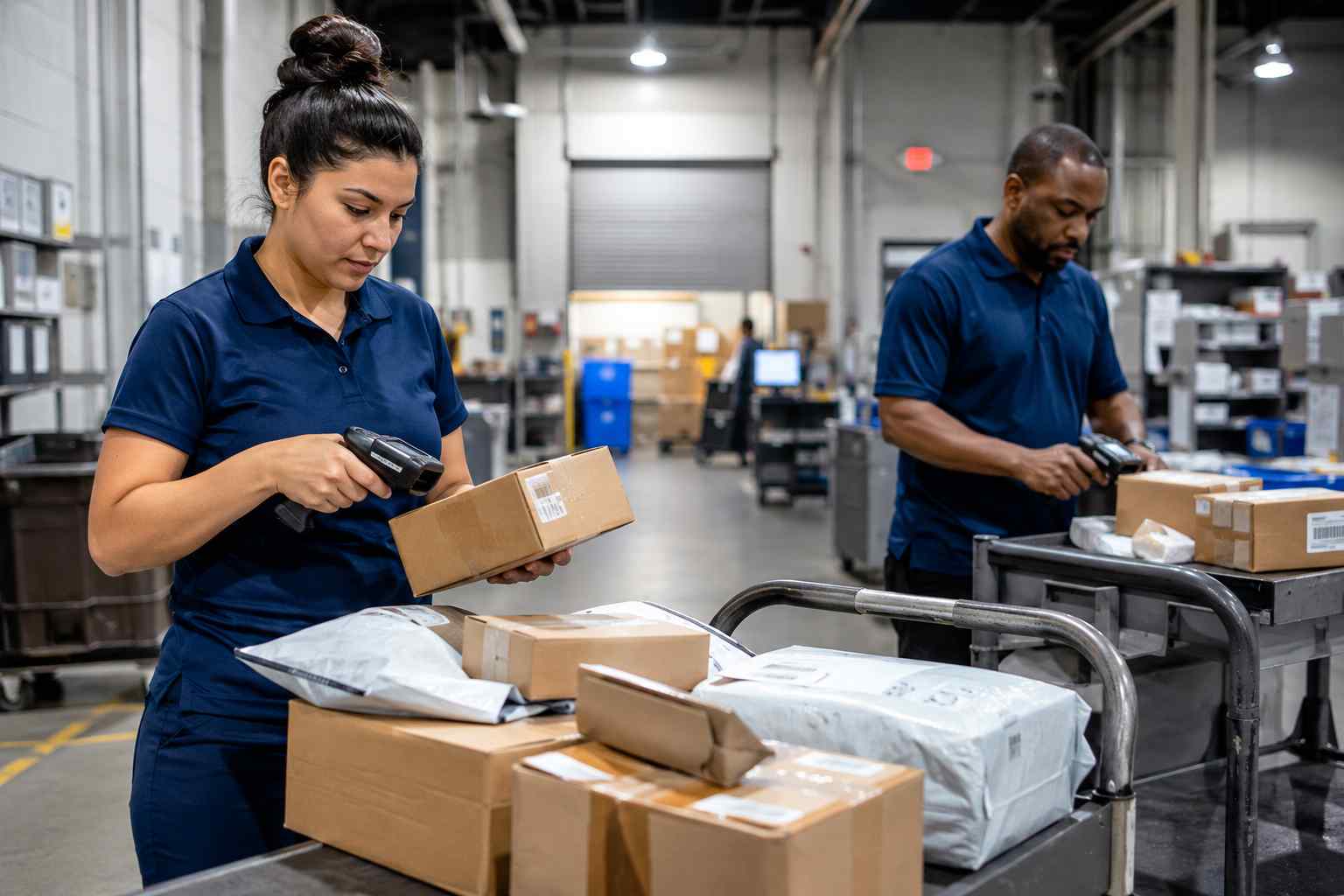 Mailroom staff scanning packages at a receiving dock