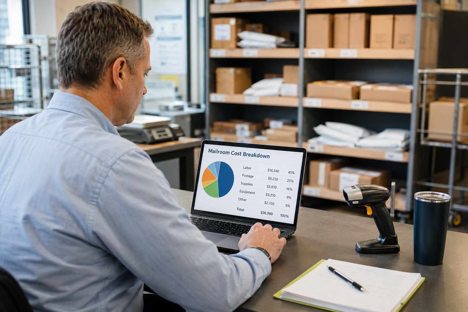 Facilities manager reviewing a cost breakdown in a mailroom
